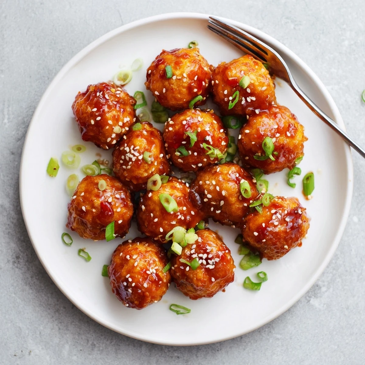 Golden brown sweet chili tofu balls coated in glossy red sauce and sprinkled with sesame seeds