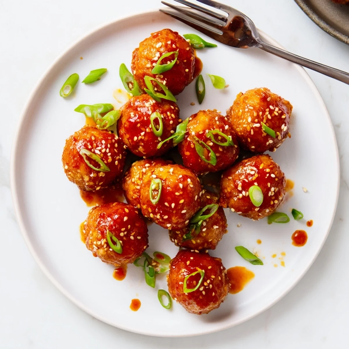 Crispy baked sweet chili tofu balls served over white rice with fresh scallion garnish