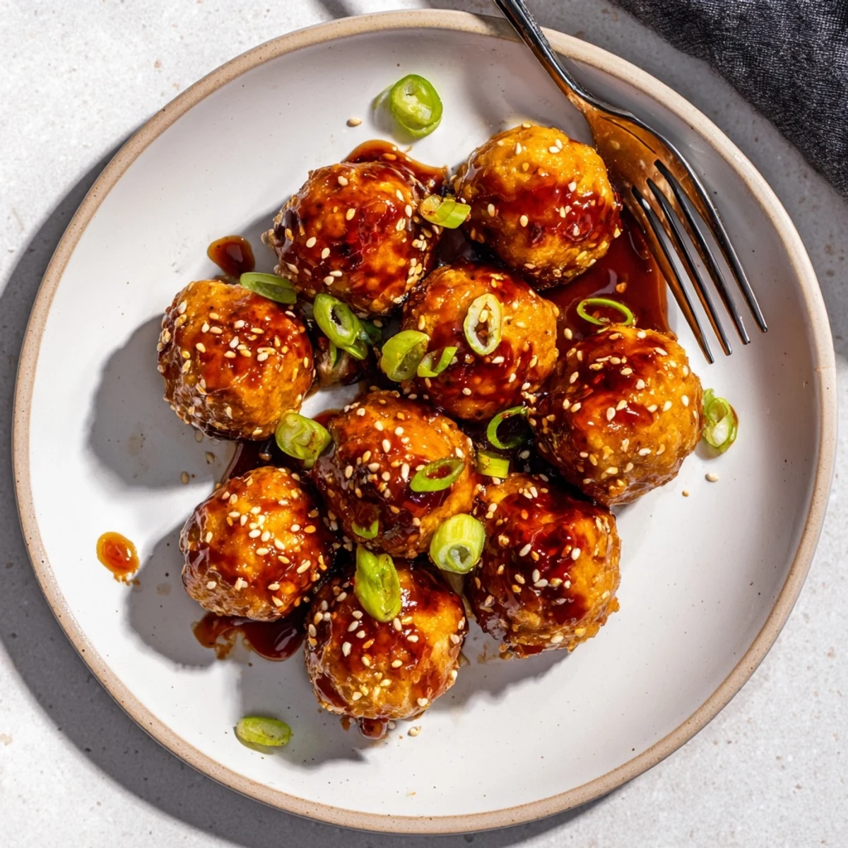 Vegan sweet chili tofu balls tossed in tangy glaze and garnished with green onions