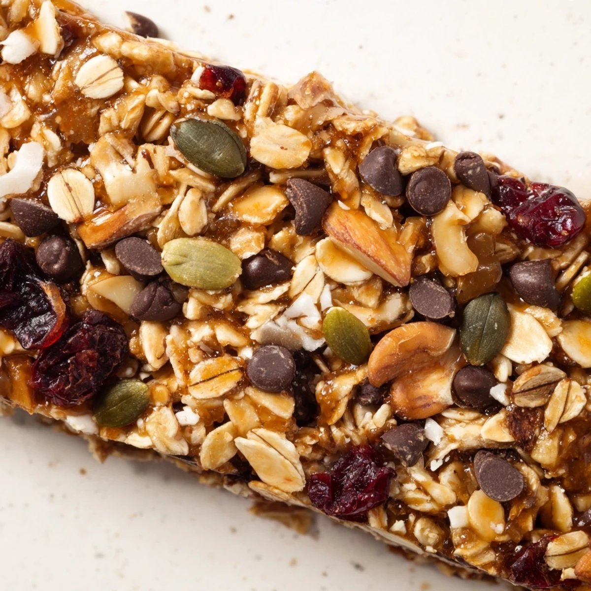Golden healthy homemade granola bars studded with chocolate chips and nuts on a wooden cutting board