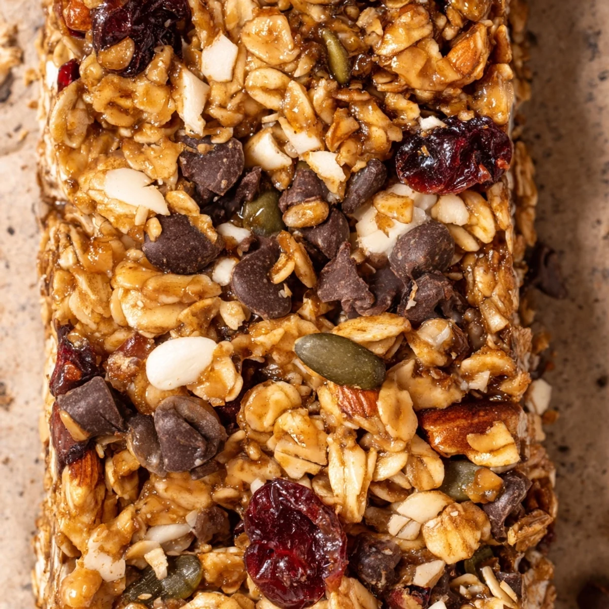 Chewy wholesome homemade granola bars with oats almonds and dried cranberries cut into squares