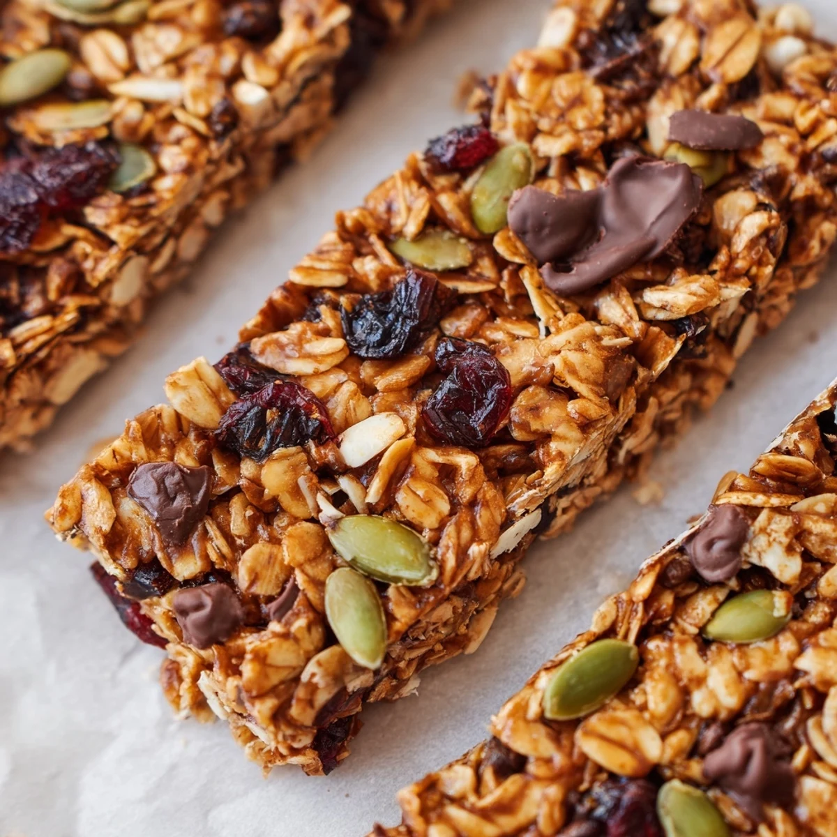 Stack of healthy homemade granola bars with toasted pecans and honey drizzle on white plate