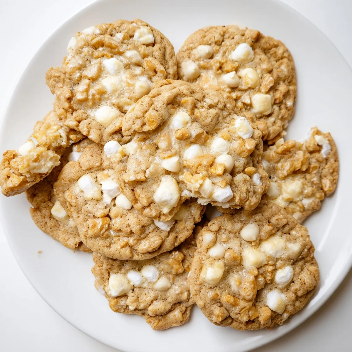 Golden bakery-style Marshmallow Crispy Cookies with melted marshmallows and crispy rice cereal