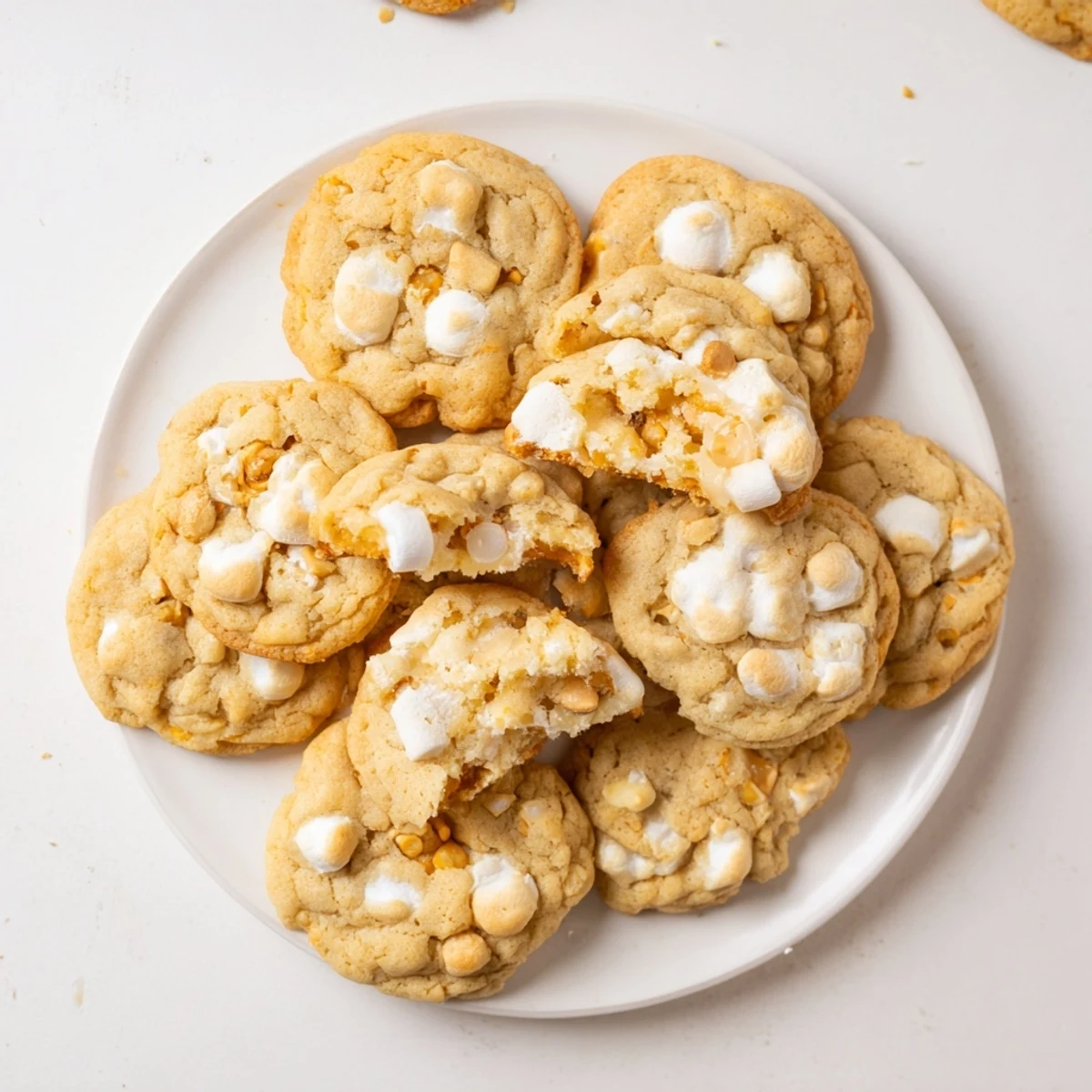Freshly baked Marshmallow Crispy Cookies stacked on a wire cooling rack ready to serve