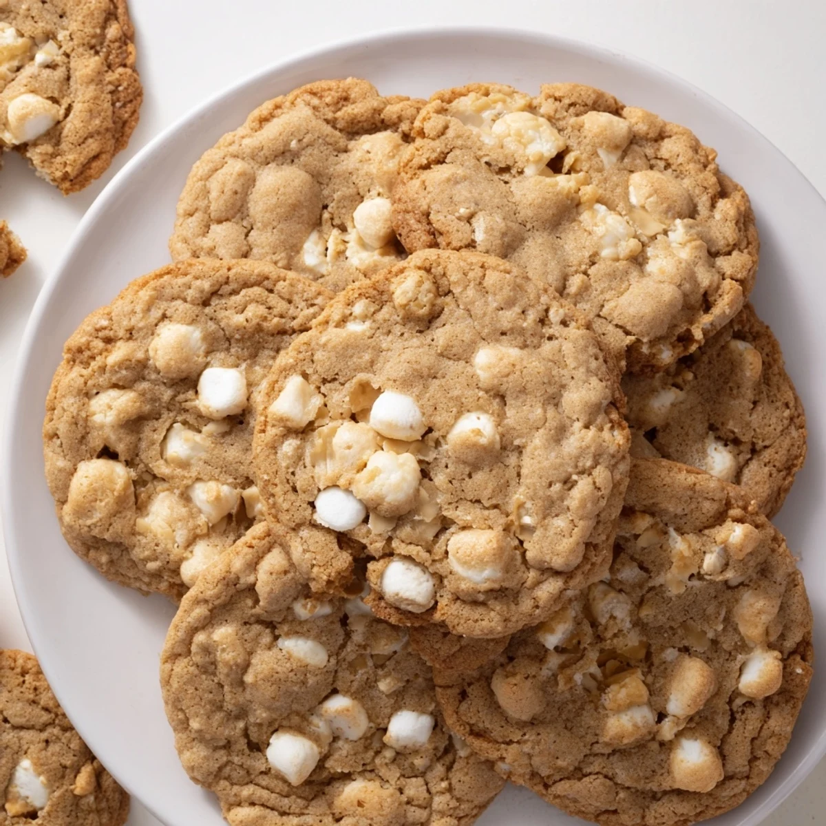 Gooey Marshmallow Crispy Cookies featuring golden edges and a soft buttery center