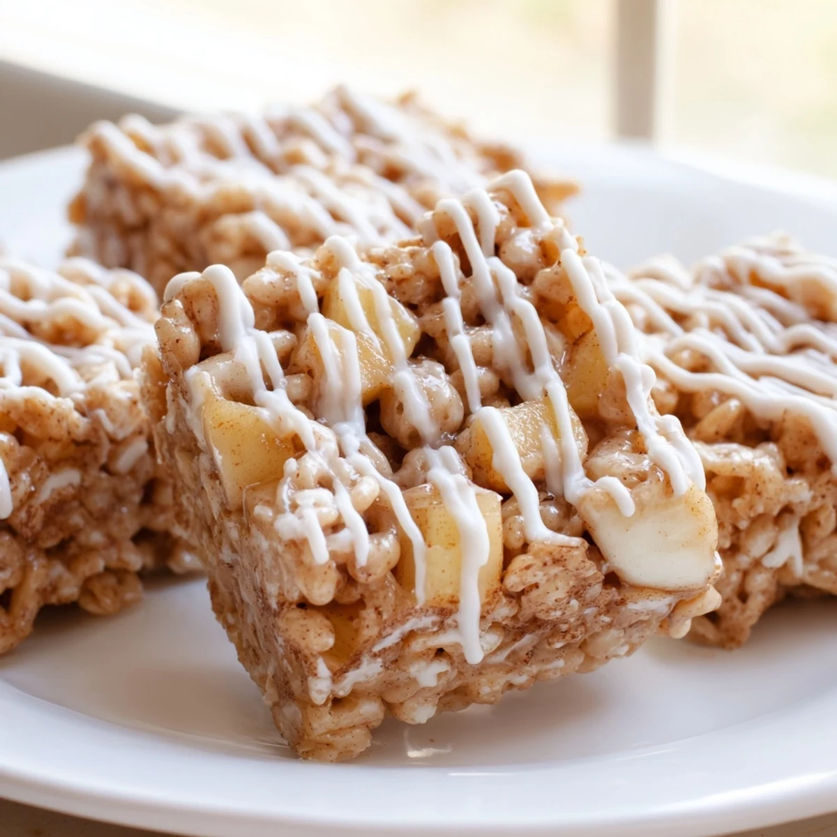 Golden Apple Pie Rice Krispie Treats bars dotted with warm cinnamon-spiced apples