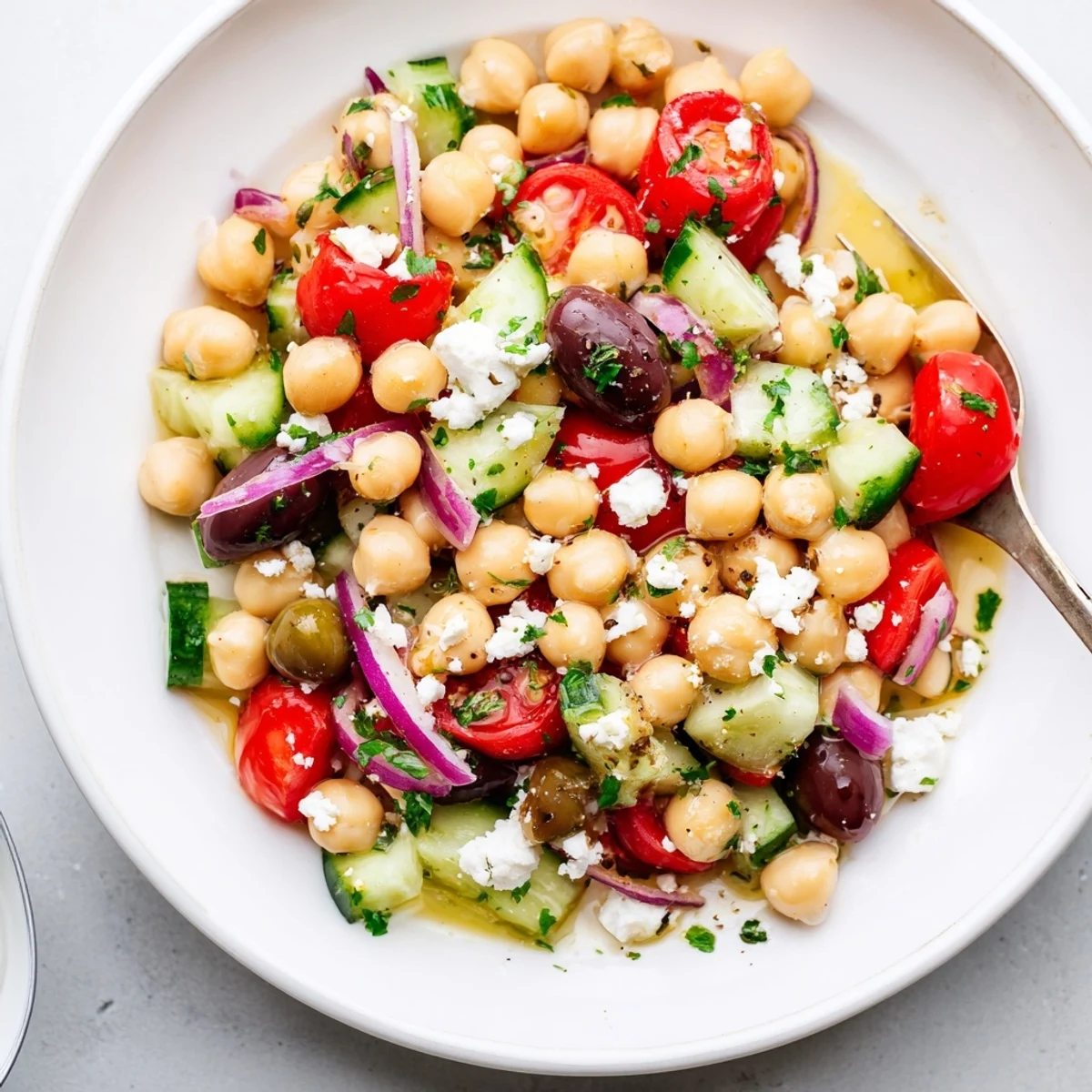 Easy Mediterranean Chickpea Salad recipe tossed with feta, garlic, and oregano