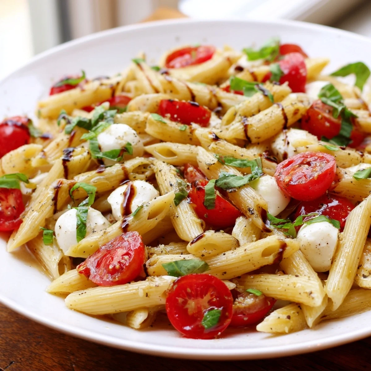 Creamy Caprese Tomato Mozzarella Penne Recipe tossed in olive oil, balsamic drizzle