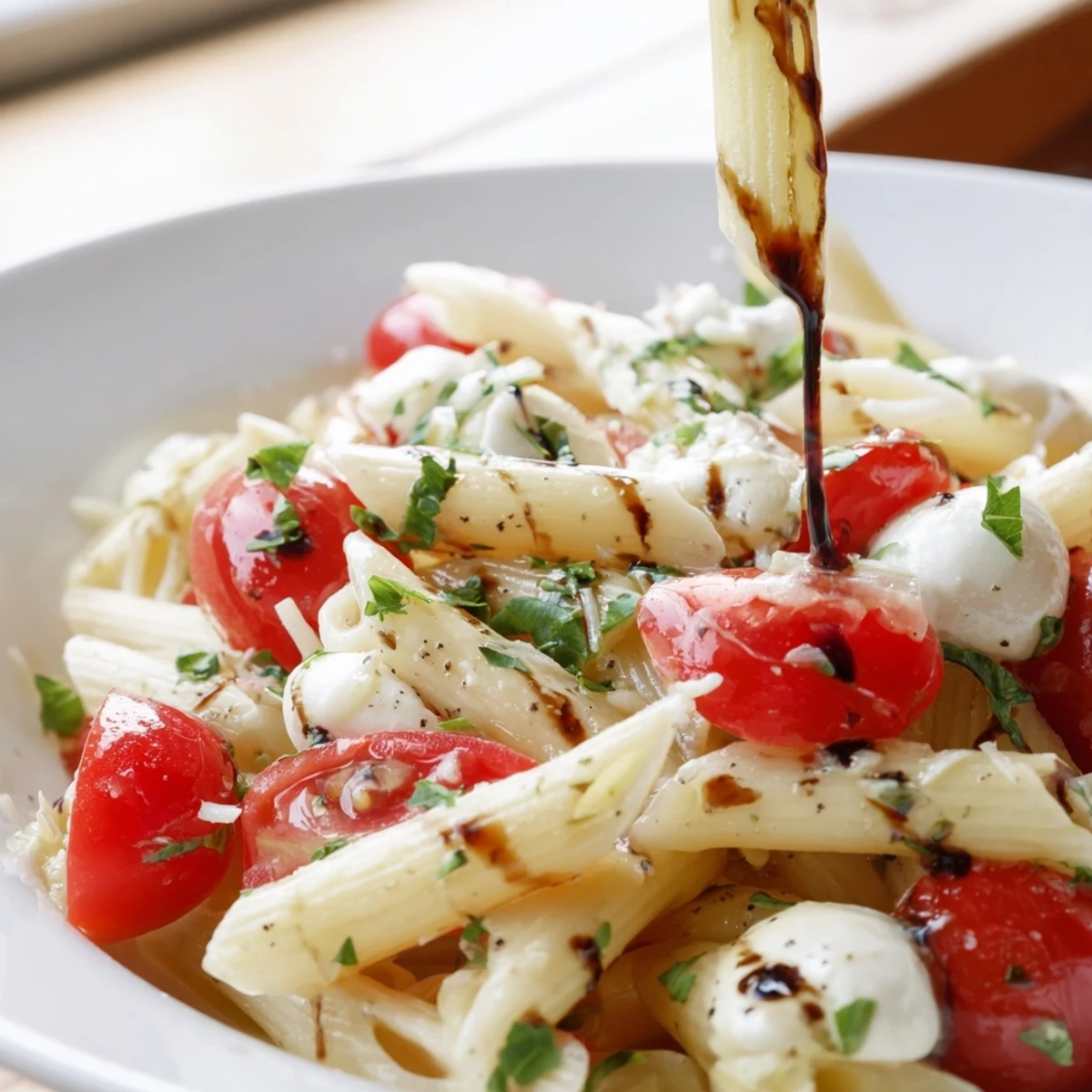 Bright Caprese Tomato Mozzarella Penne Recipe served warm, fragrant basil and melted mozzarella