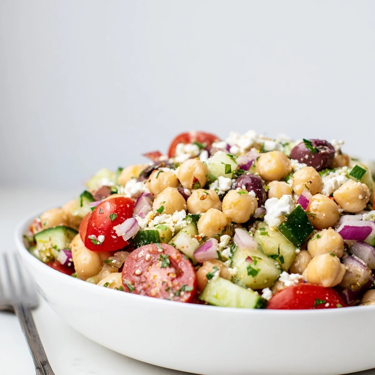 Chilled Mediterranean Chickpea Salad with Cucumber & Feta, perfect picnic side