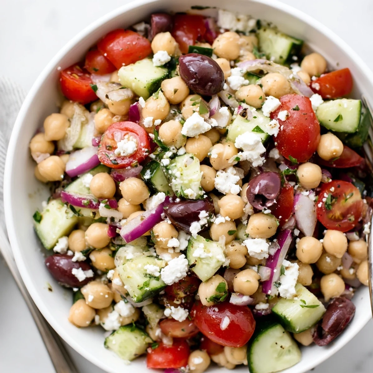 Mediterranean Chickpea Salad with Cucumber & Feta tossed in zesty lemon dressing
