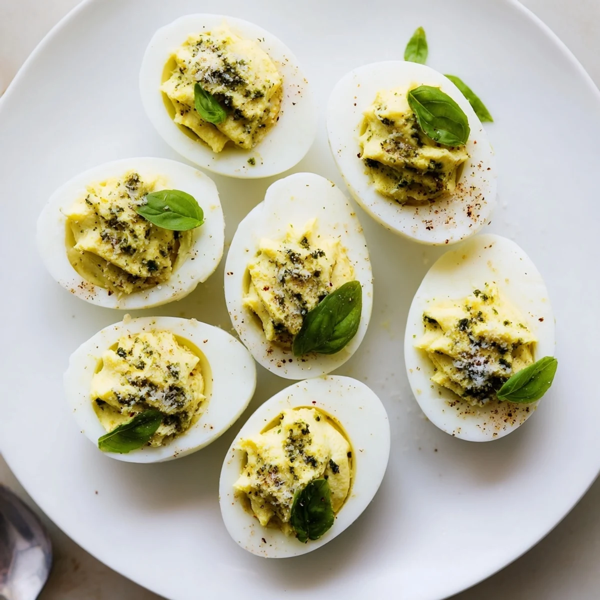 Bright Pesto Parmesan Deviled Eggs topped with shaved cheese and cracked pepper.