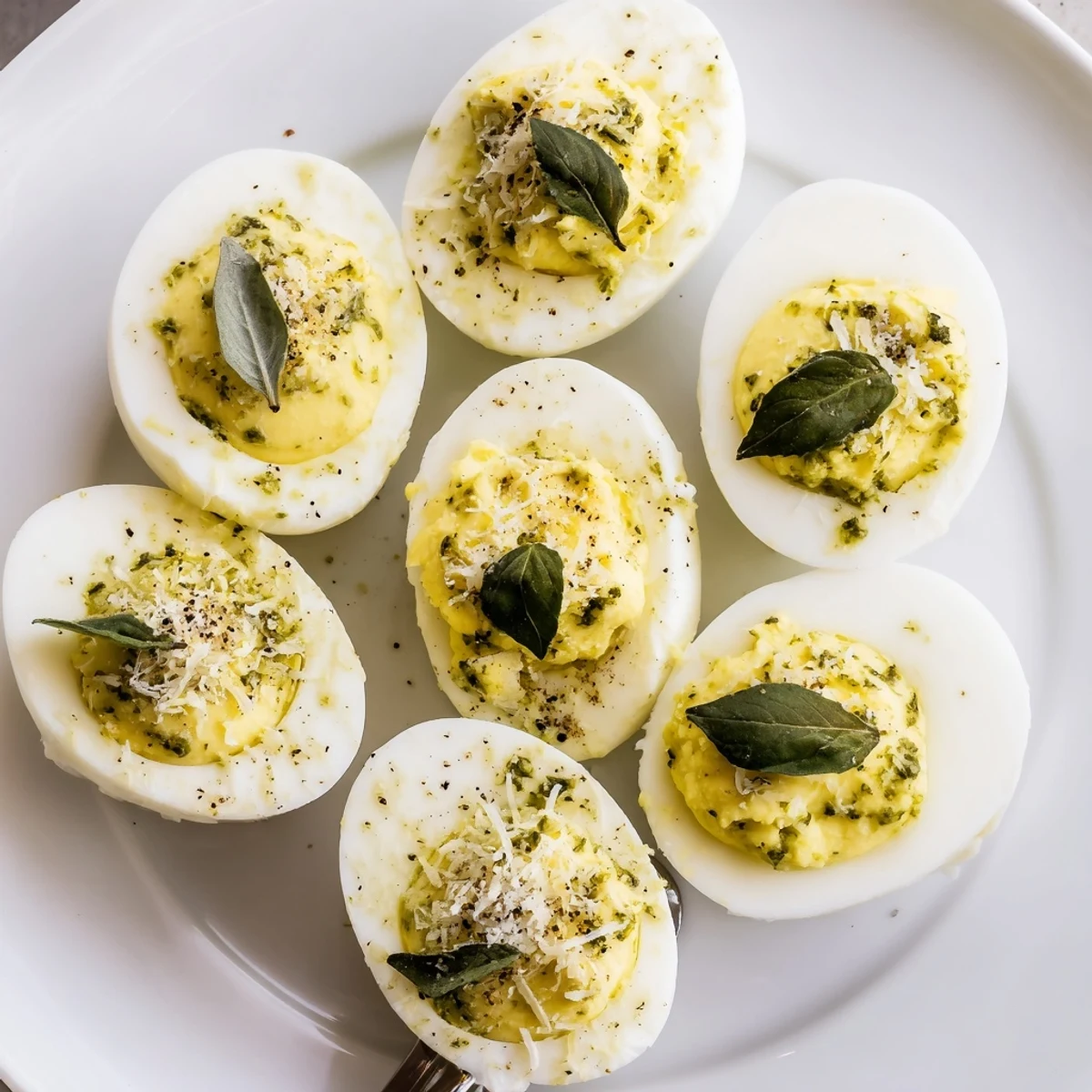Pesto Parmesan Deviled Eggs recipe: creamy herby filling on chilled halved whites.