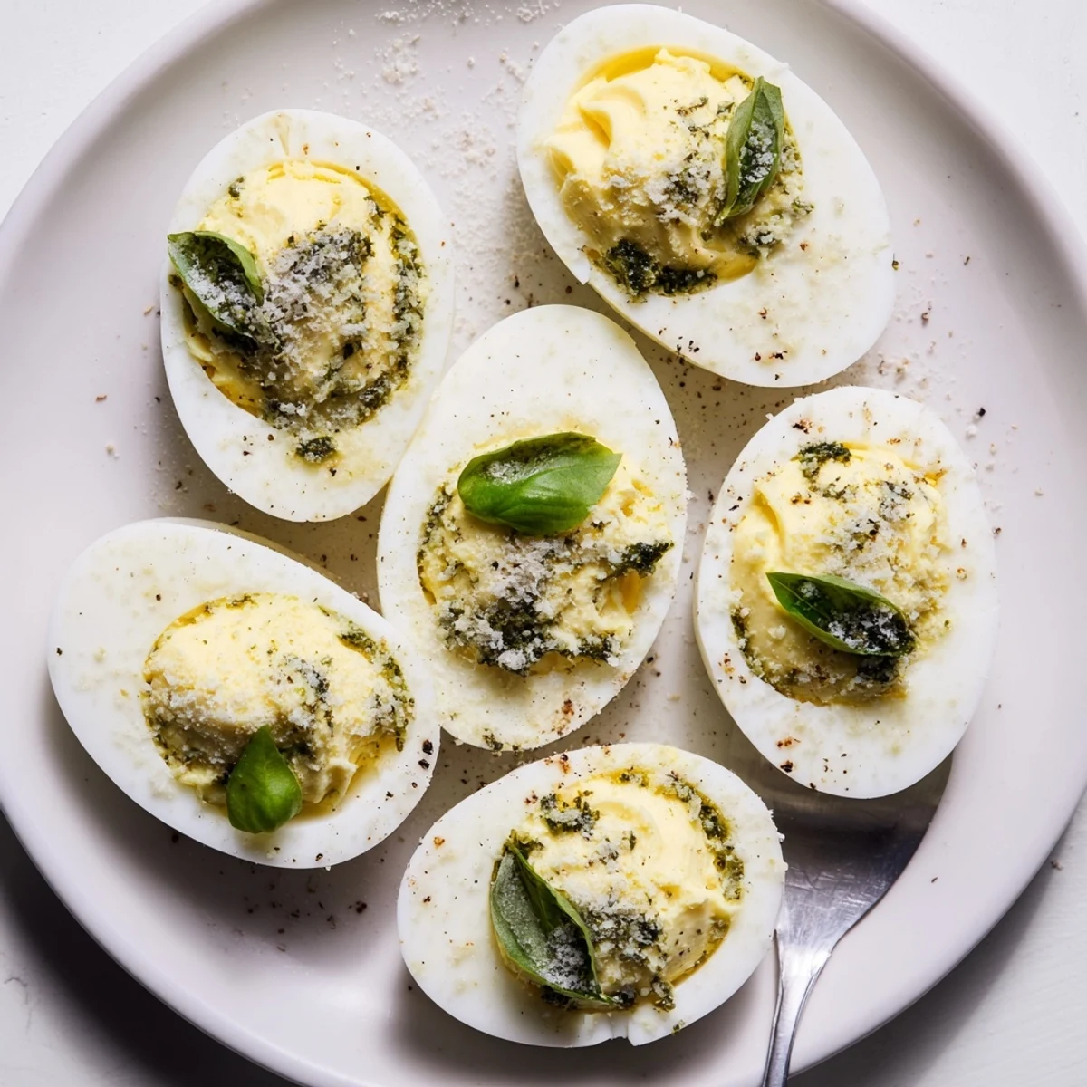 Zesty Pesto Parmesan Deviled Eggs on a rustic platter, fresh basil garnish.