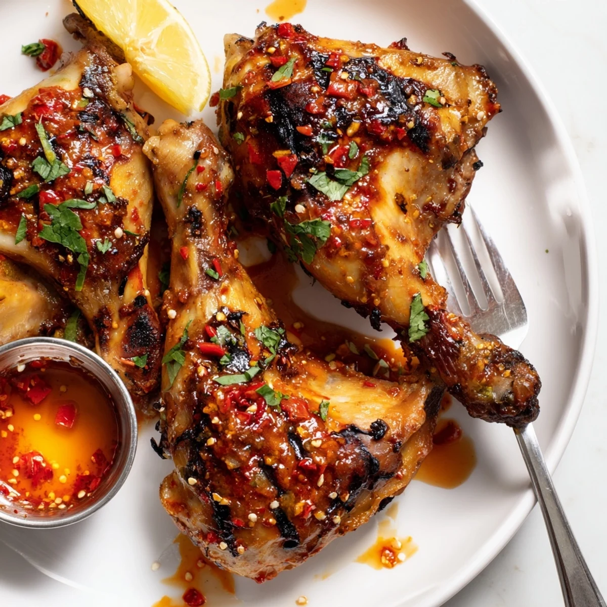 Charred, garlicky Peri Peri Chicken with lemon wedges and chopped parsley  
