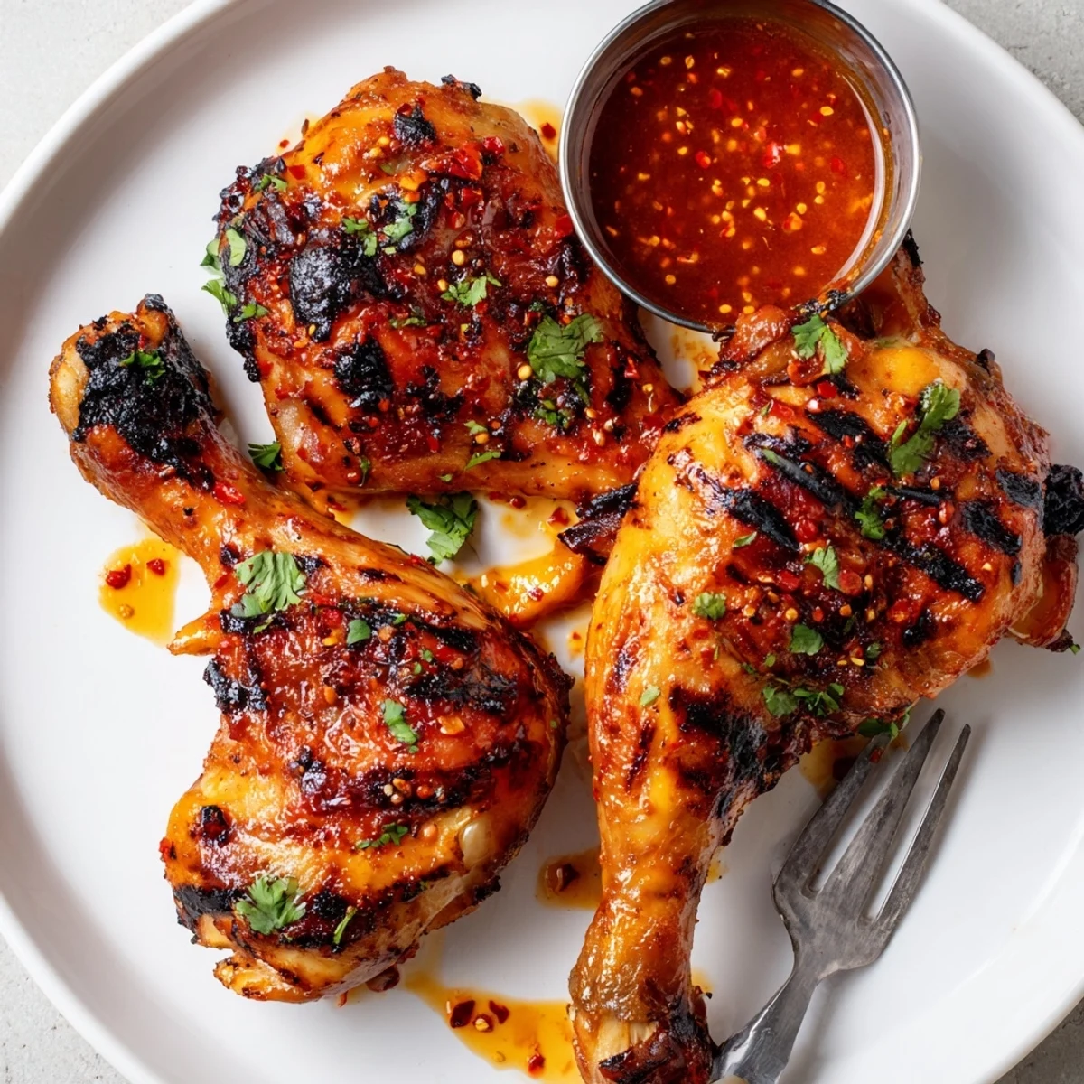 Spicy, smoky Peri Peri Chicken sizzling on the grill, basted in sauce  