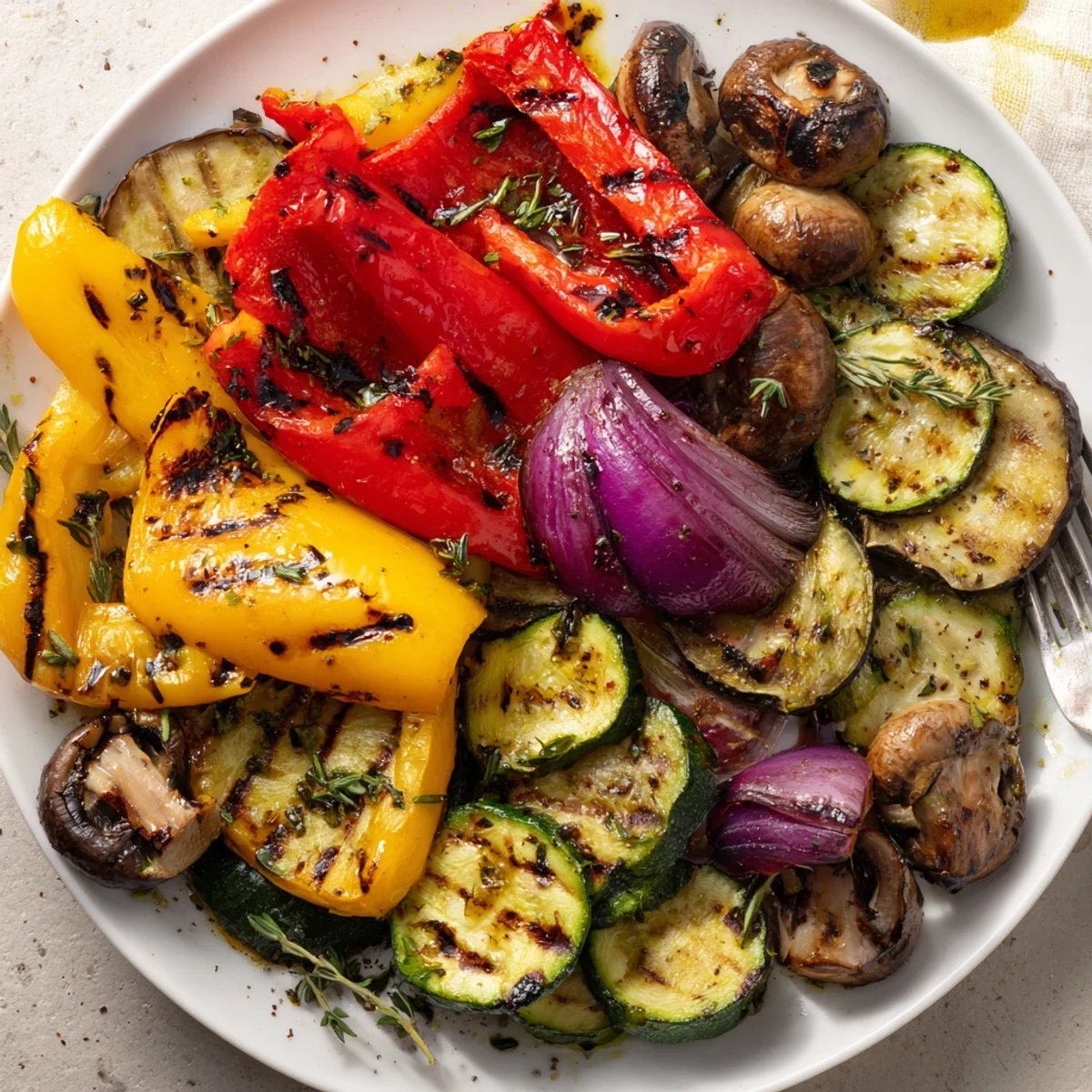 Grilled Vegetables with charred edges, smoky aroma, tossed in balsamic  