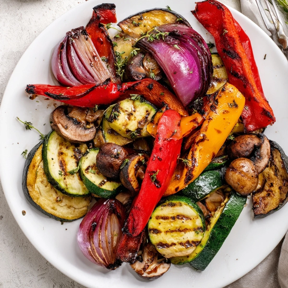 Bright Grilled Vegetables on a platter, warm, herbed, ready to serve  