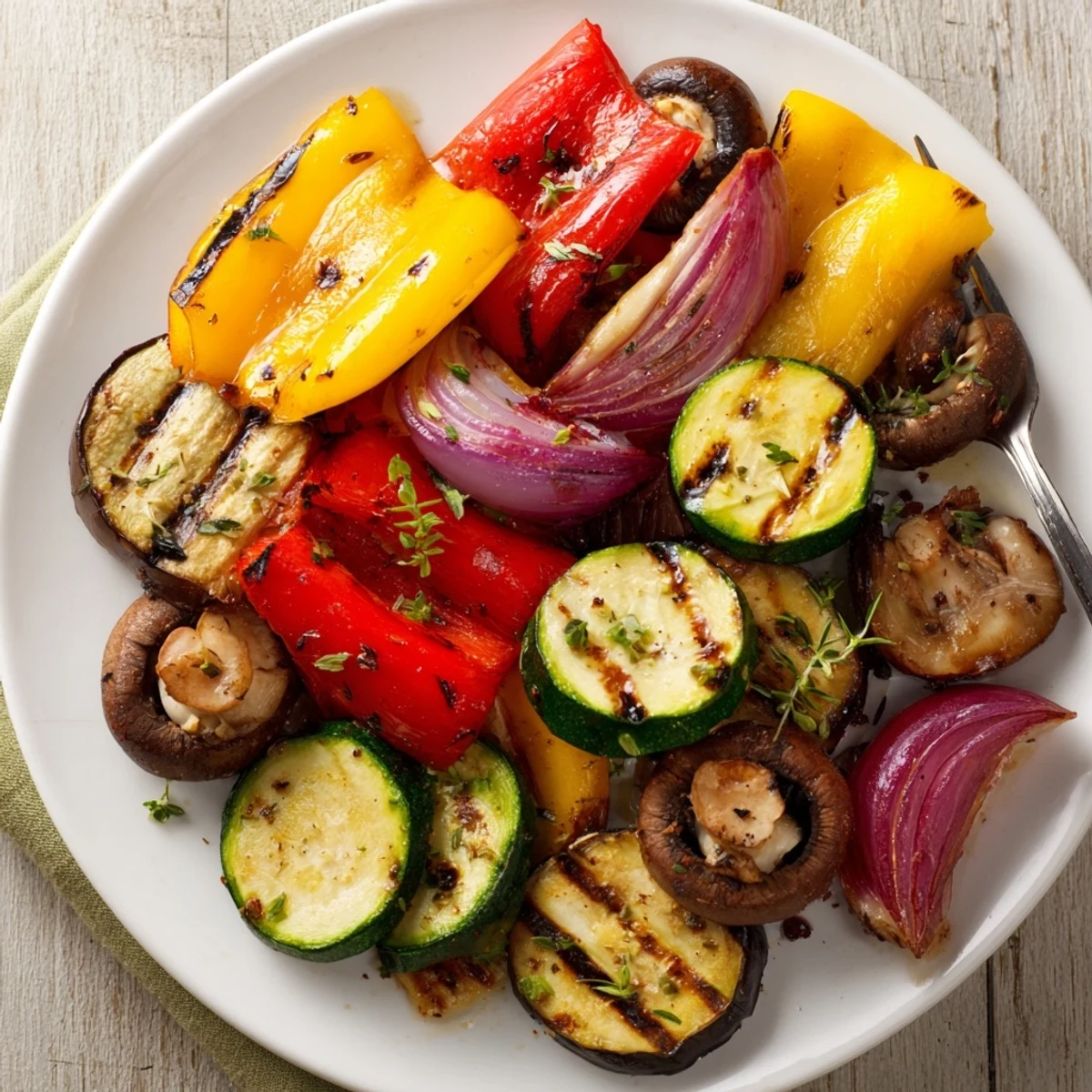 Grilled Vegetables served with crusty bread, drizzled olive oil, fresh thyme