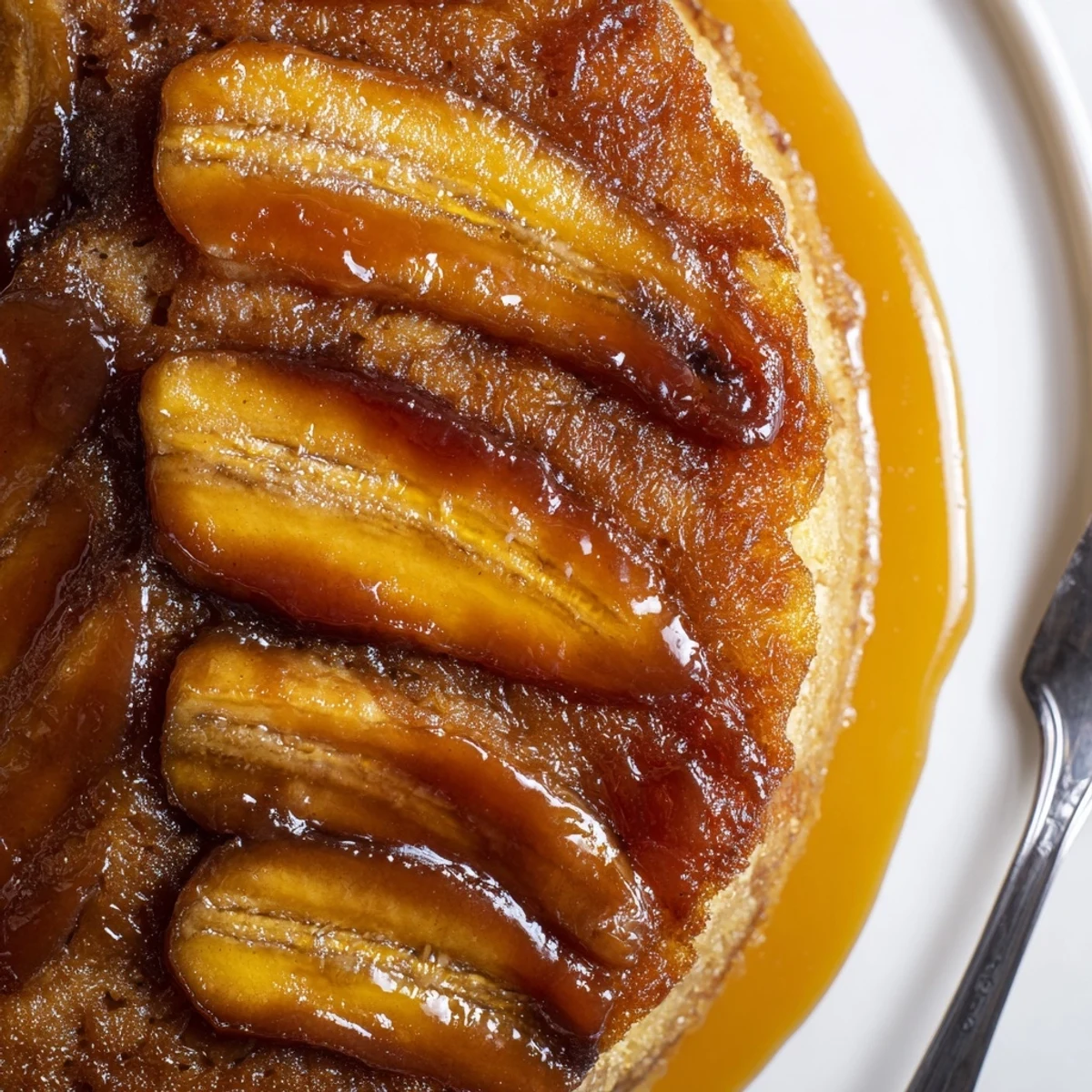 Caramel glazed Banana Foster Upside Down Cake with melting vanilla ice cream