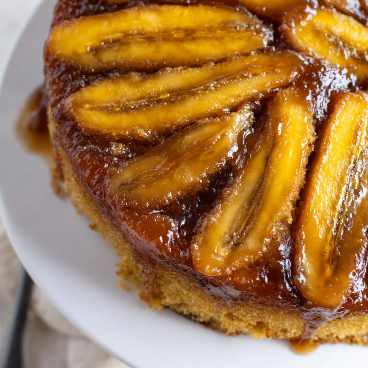 Slice of warm Banana Foster Upside Down Cake steaming on a rustic plate