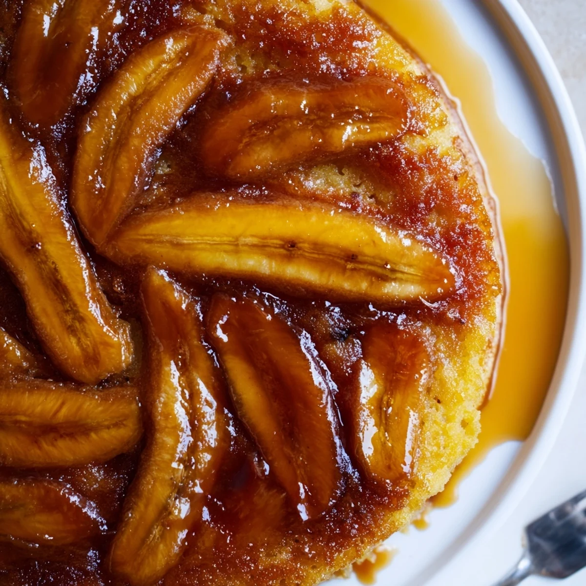 Glistening caramelized bananas crown Banana Foster Upside Down Cake, served warm