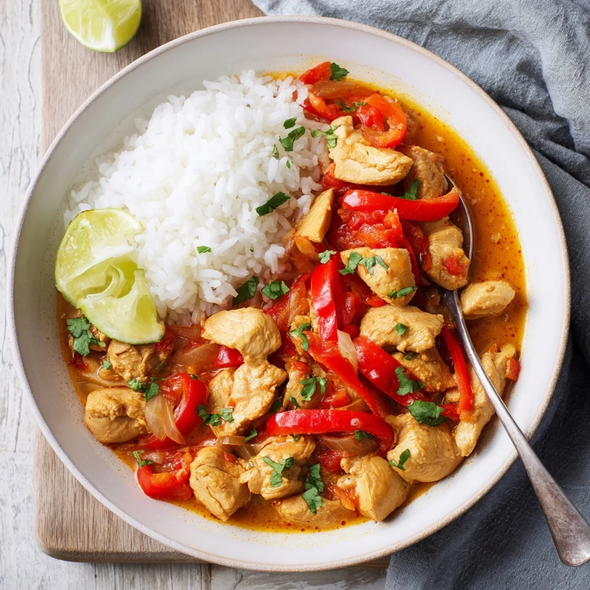 Close-up of Spicy Brazilian Coconut Chicken, tender pieces in aromatic coconut sauce