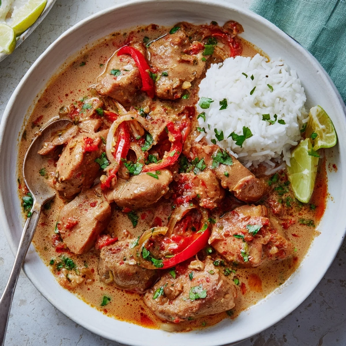 Spicy Brazilian Coconut Chicken simmering in creamy sauce, garnished with cilantro  