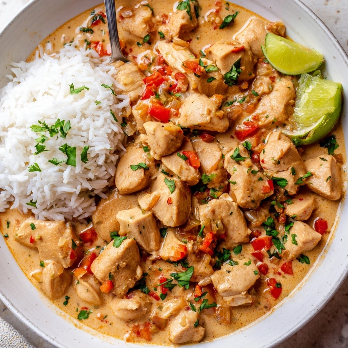 Plated Spicy Brazilian Coconut Chicken beside lime wedges and steamed rice  