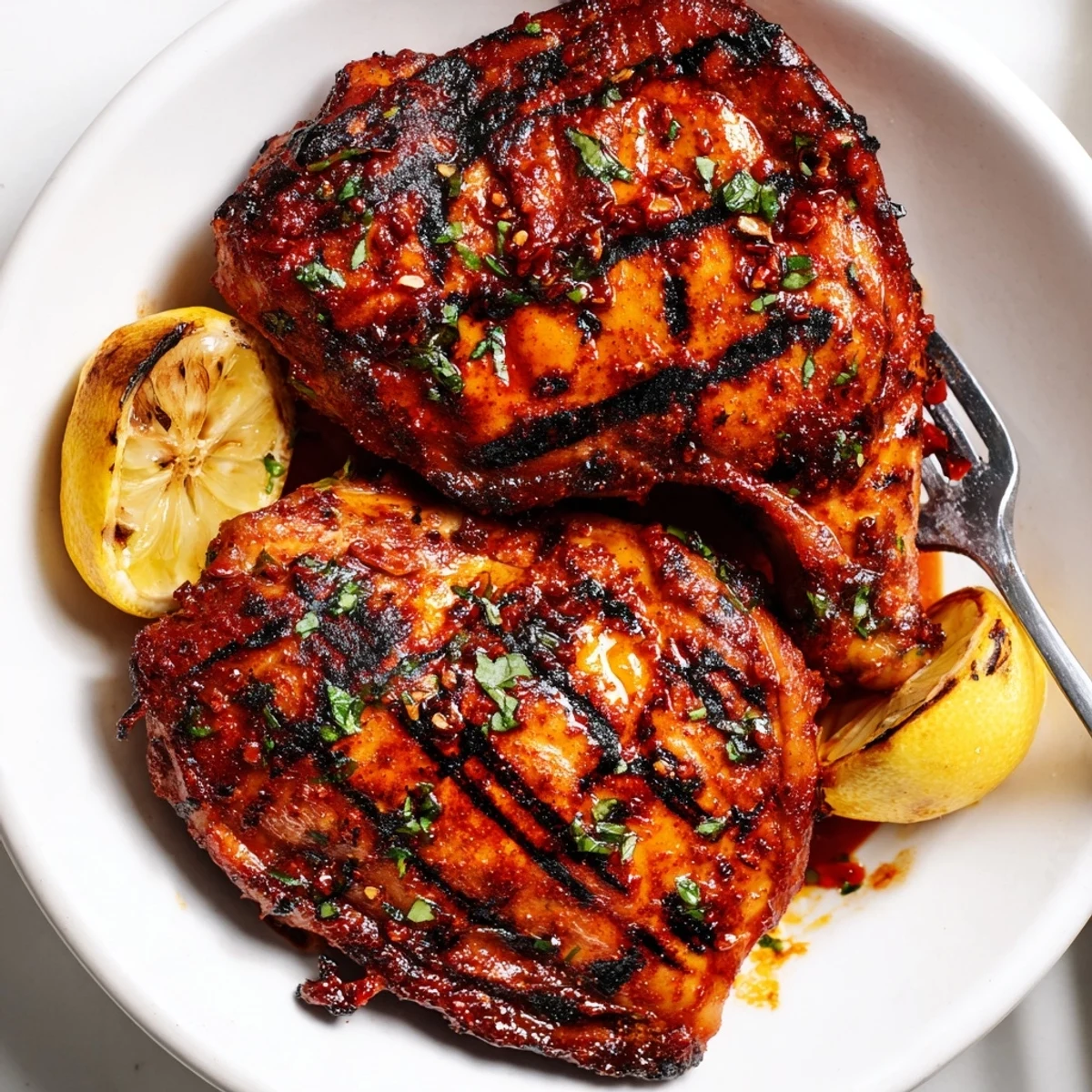 Charred skin and glistening sauce on Peri Peri Chicken, lemon wedges nearby