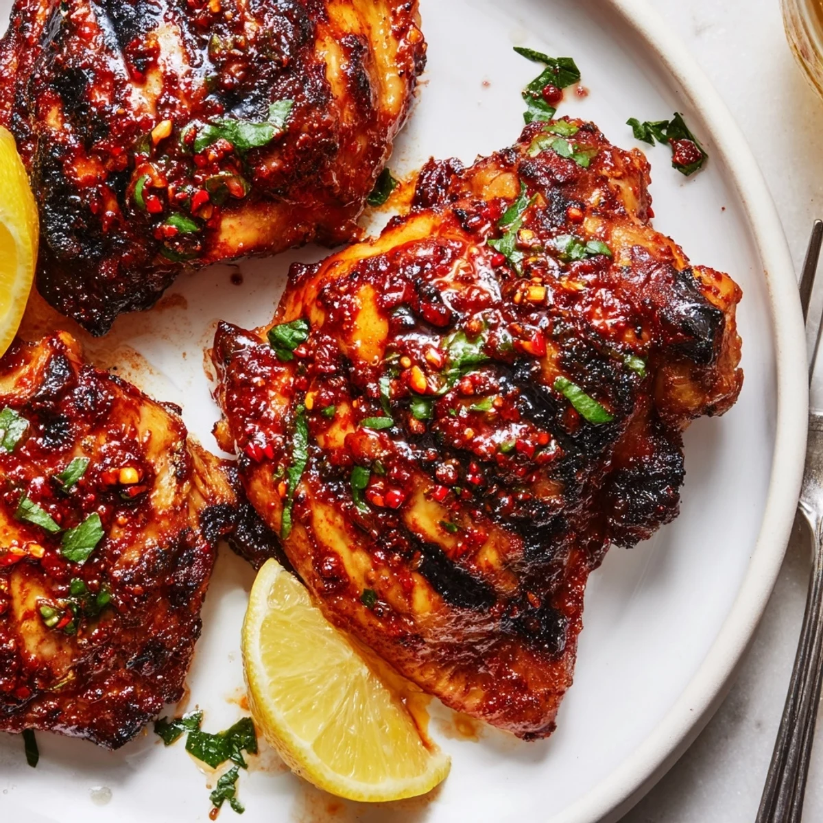 Grilled Peri Peri Chicken thighs steaming, smoky paprika aroma, herbs sprinkled