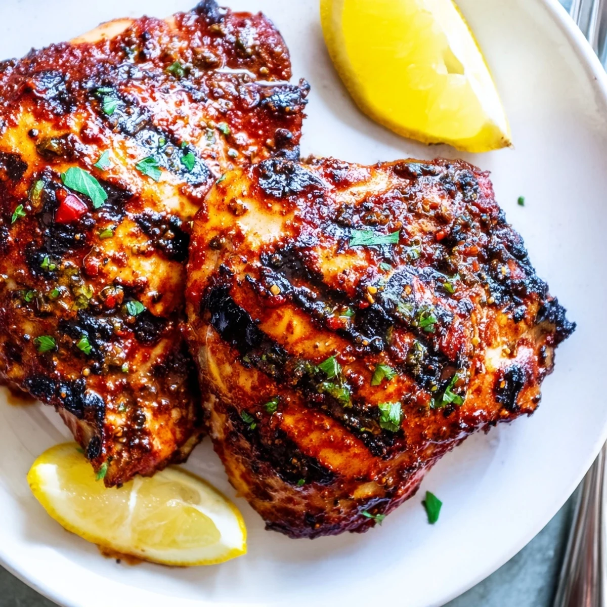 Bright red Peri Peri Chicken glazed with spicy marinade, served with fries