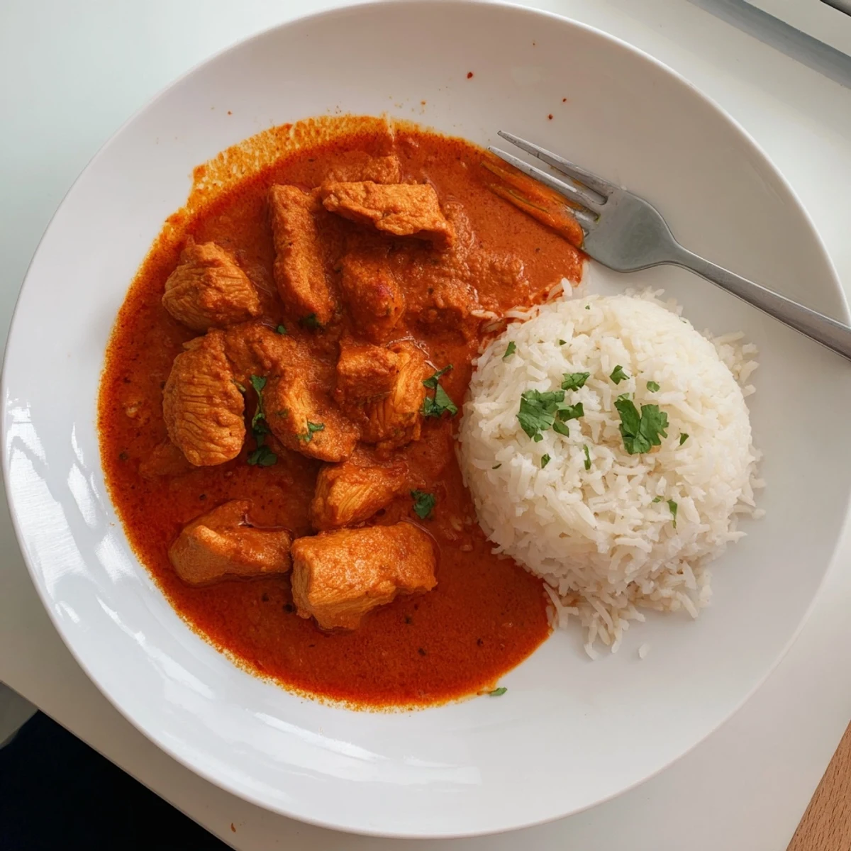 Rich Butter Chicken served over fluffy basmati rice, creamy spoon-ready