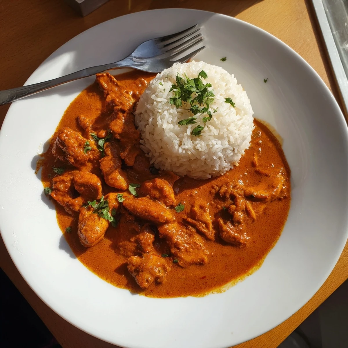 Creamy Butter Chicken simmering in tomato-butter sauce, garnished with cilantro, naan
