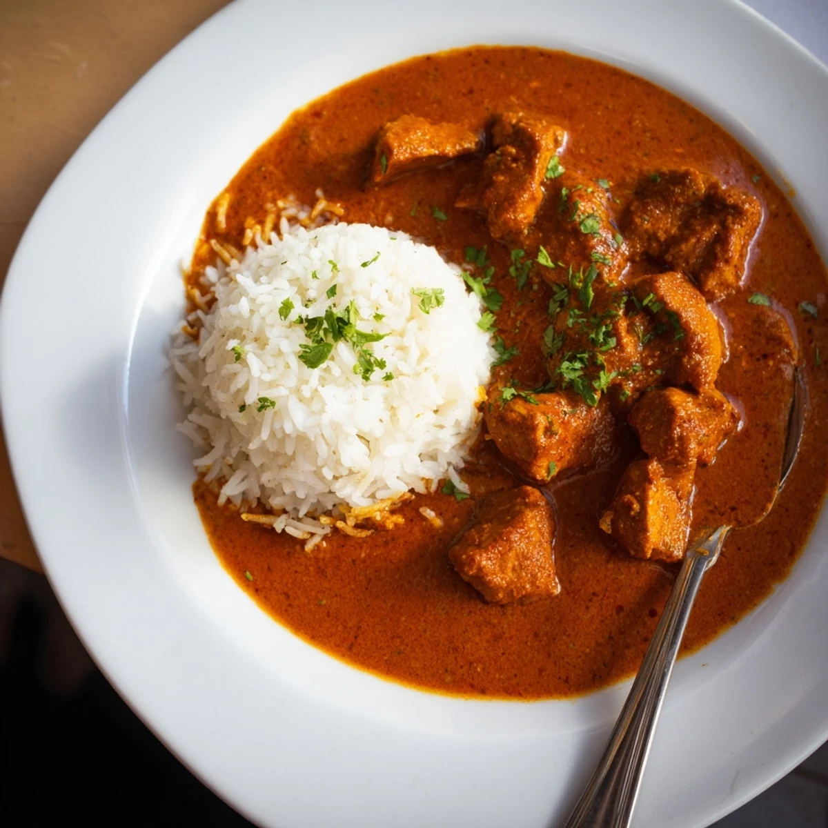Warm Butter Chicken with tender seared thighs, fragrant spices, cream swirl