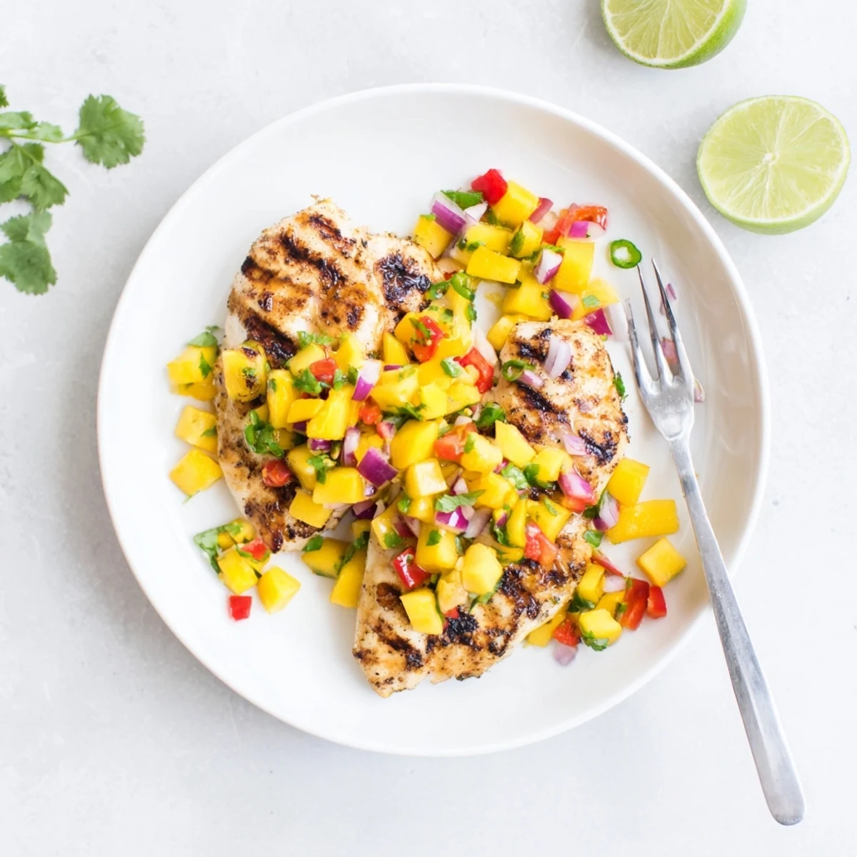 Honey Lime Chicken With Mango Salsa on a plate, juicy, vibrant.