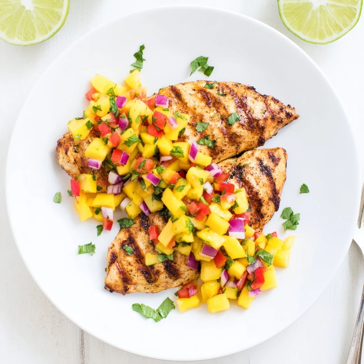 Grilled Honey Lime Chicken With Mango Salsa topped with cilantro and lime.
