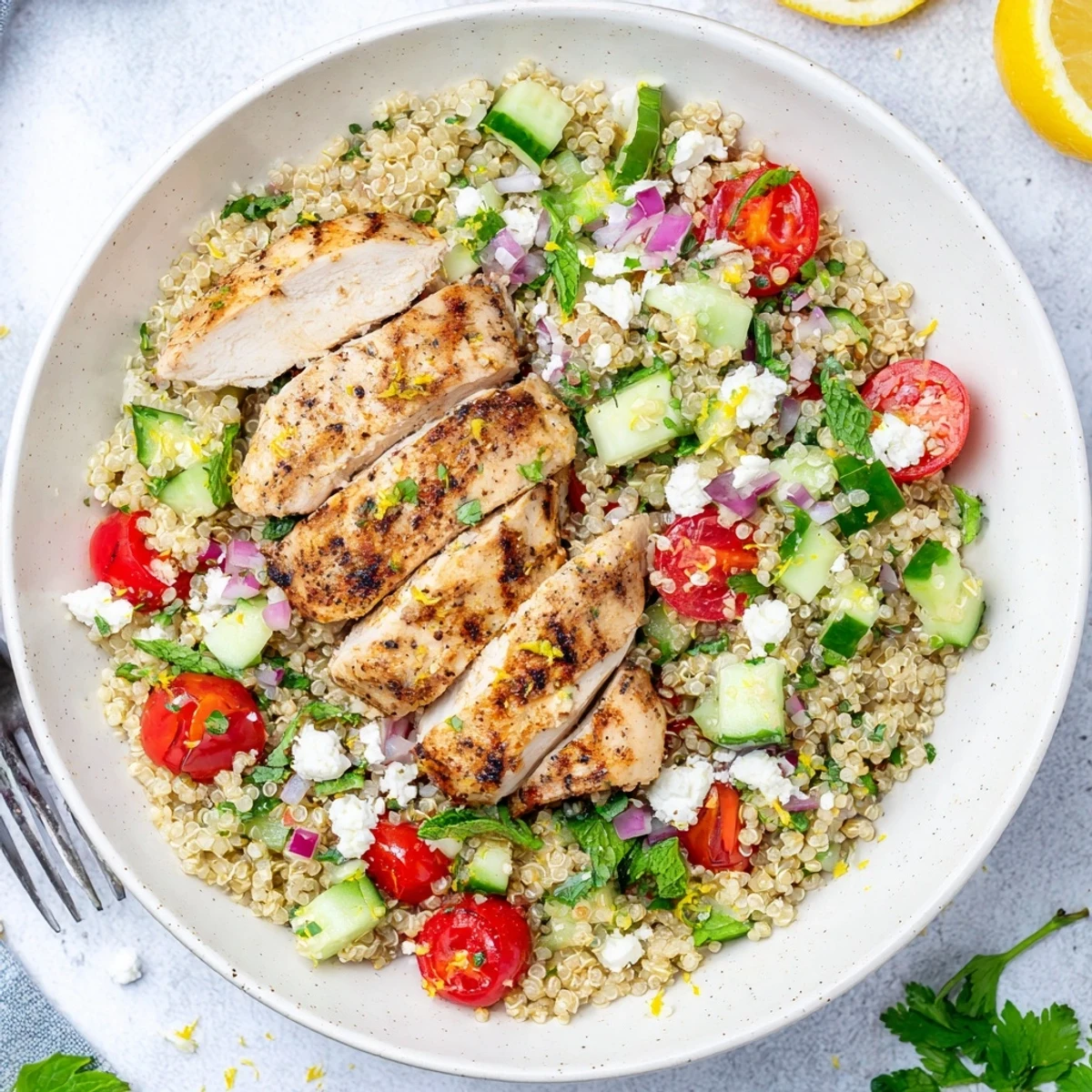 Grilled Lemon Herb Chicken And Quinoa Salad with golden grill marks and lemon