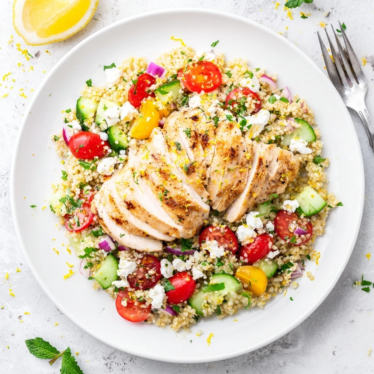 Ready to eat Grilled Lemon Herb Chicken And Quinoa Salad topped with crumbled feta
