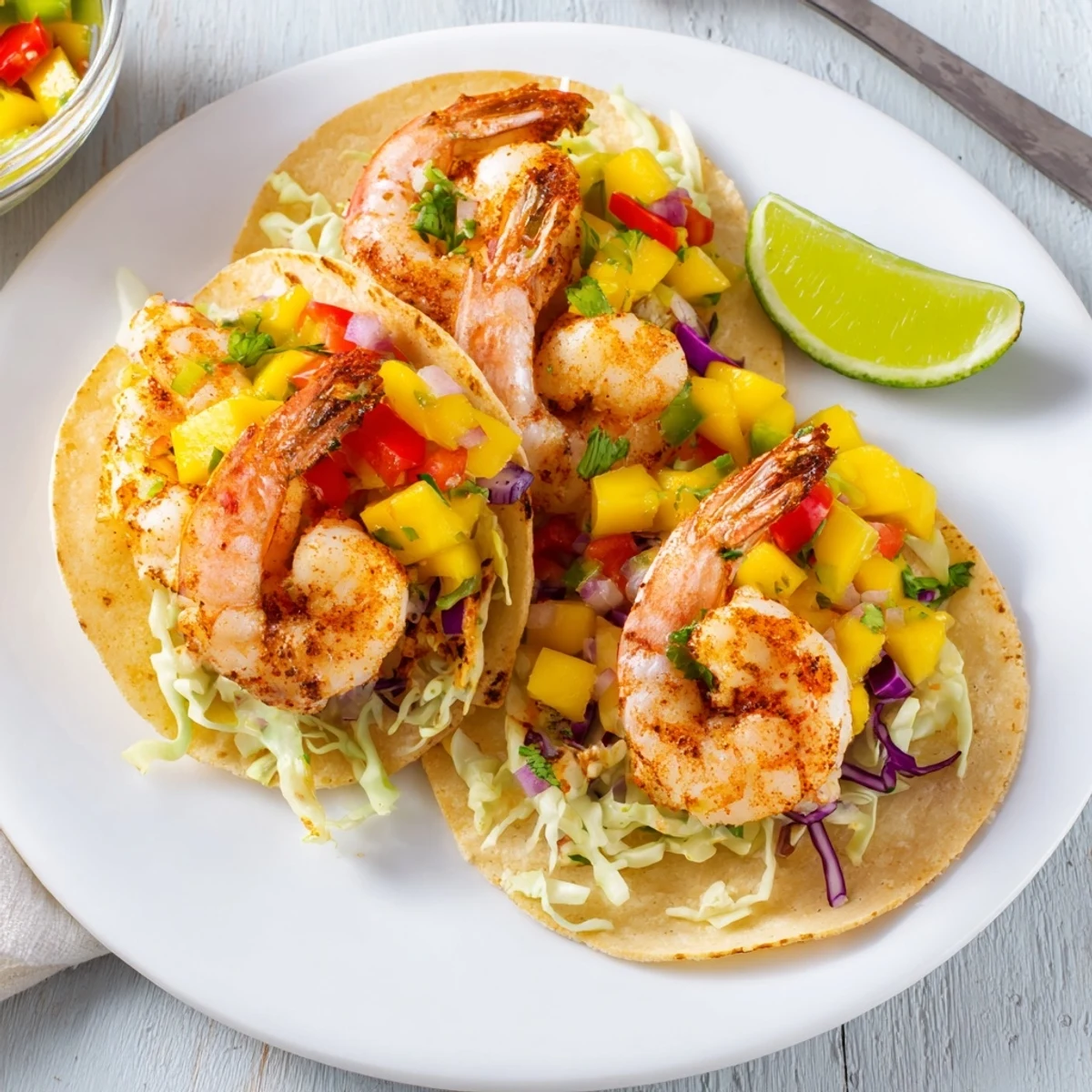 Citrusy Shrimp Tacos With Mango Salsa topped with crunchy cabbage and cilantro.