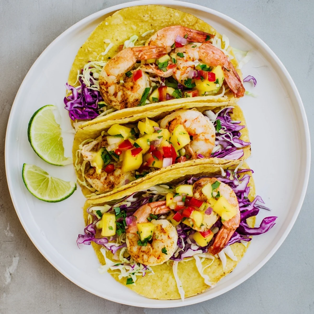 Shrimp Tacos With Mango Salsa piled on warm corn tortillas, zesty lime.