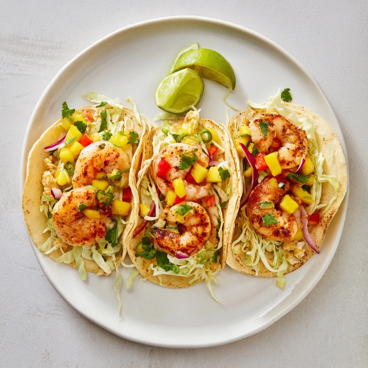 Weeknight Shrimp Tacos With Mango Salsa served with lime wedges and crisp Mexican lager.