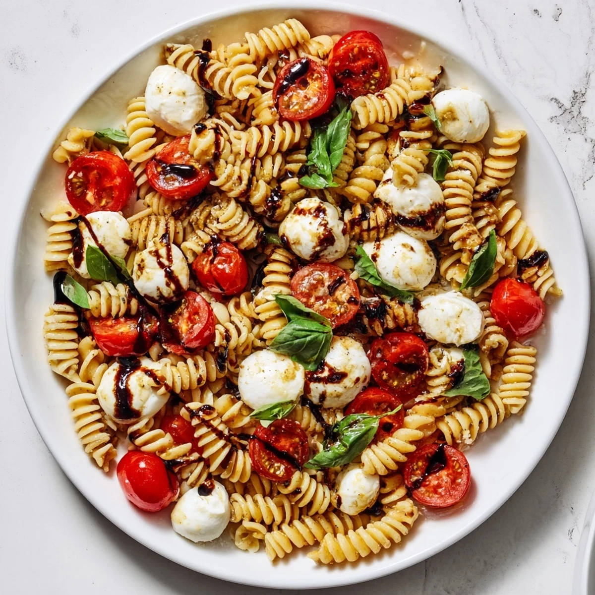 Easy Caprese Pasta Salad Recipe served picnic style, al dente pasta, fragrant basil