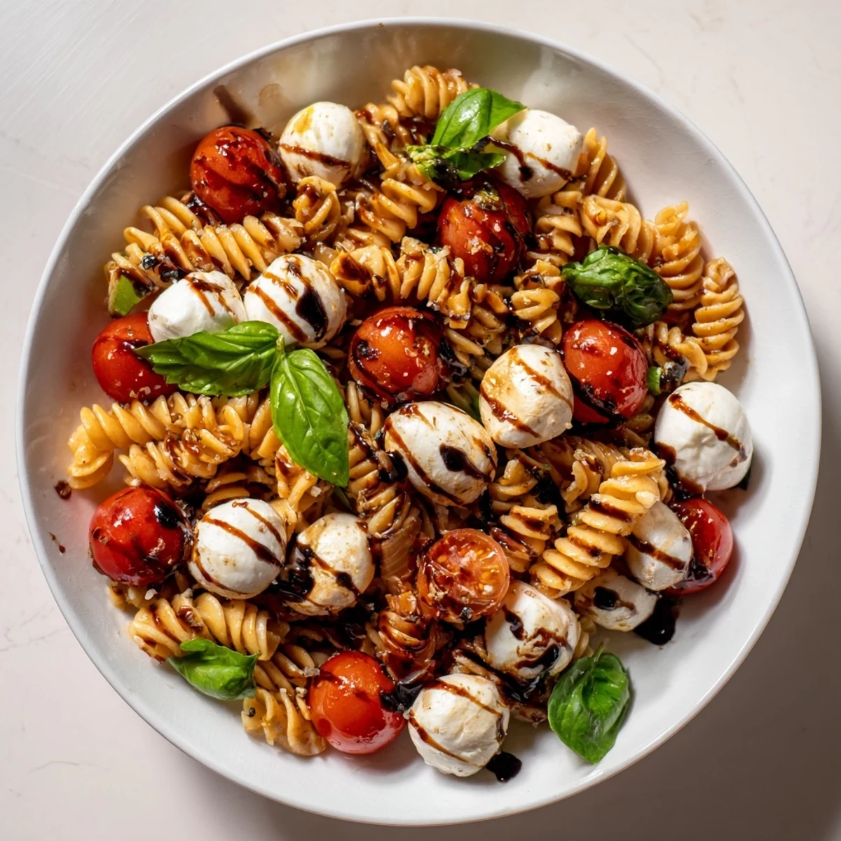 Bright Caprese Pasta Salad Recipe tossed in tangy balsamic dressing, chilled