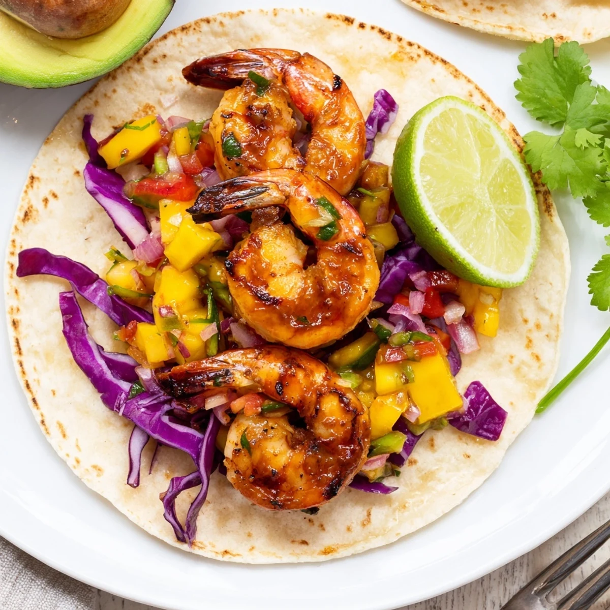 Grilled, zesty Cilantro Lime Shrimp Tacos With Mango Salsa topped with fresh cilantro