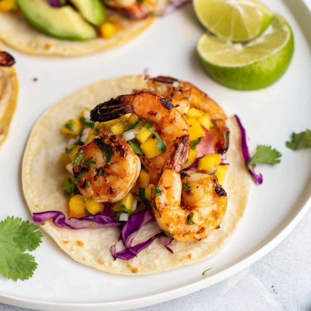 Cilantro Lime Shrimp Tacos With Mango Salsa served with lime wedges and avocado