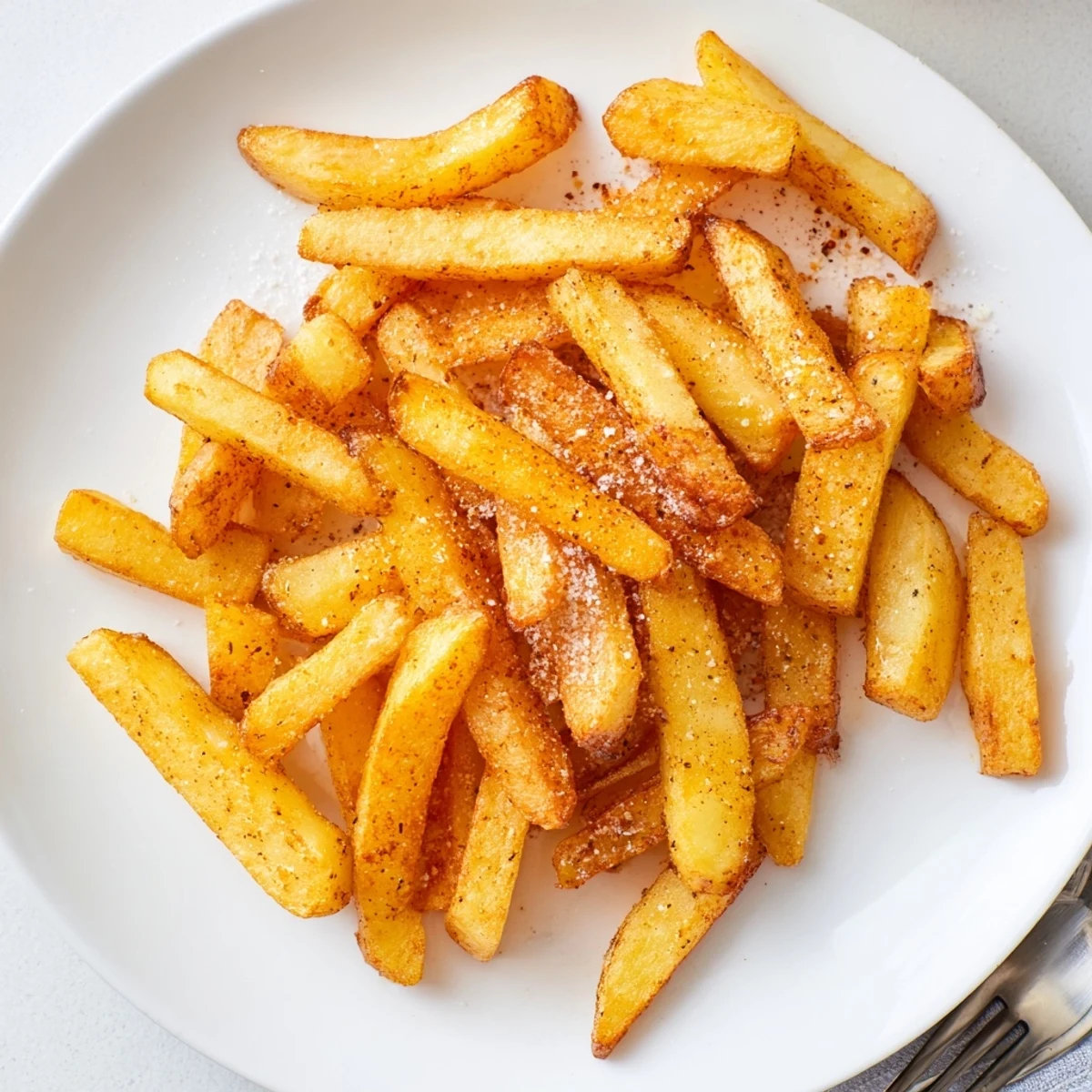 Crispy Homemade Air Fryer French Fries piled steaming, seasoned with sea salt.
