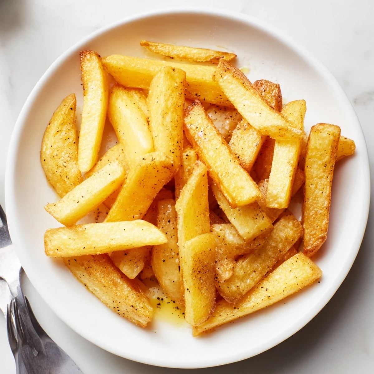 Hands tossing russet sticks before air frying Crispy Homemade Air Fryer French Fries.