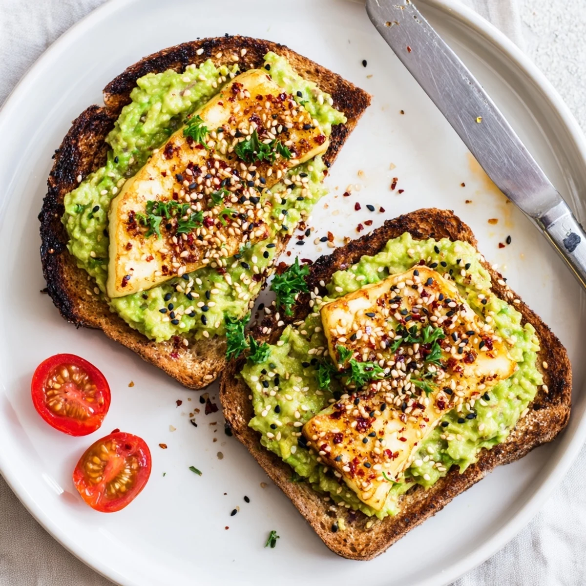 Crispy Halloumi Avocado Toast Recipe: golden cheese, creamy avocado on toasted sourdough