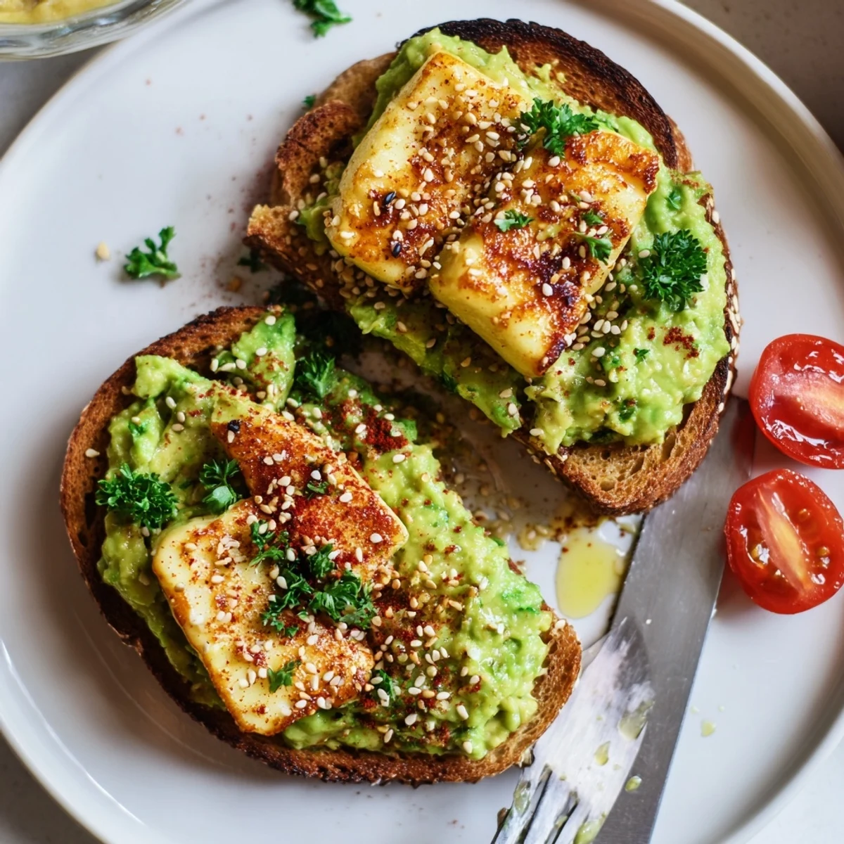 Warm Crispy Halloumi Avocado Toast Recipe served with cherry tomatoes and fresh herbs